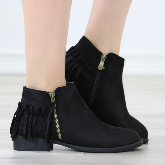 Black Suede Boots Tassel Flat Heel Round Toe Ankle Booties Flats - Picture 3 of 12